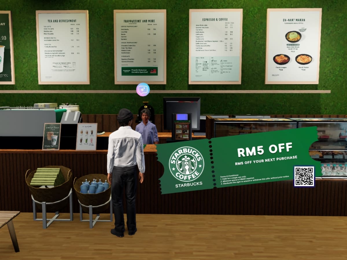 Starbucks in-game store: accurate interior, green-and-white branding, barista NPC at counter. Player character about to redeem a free latte coupon through the Yooca coupon UI.