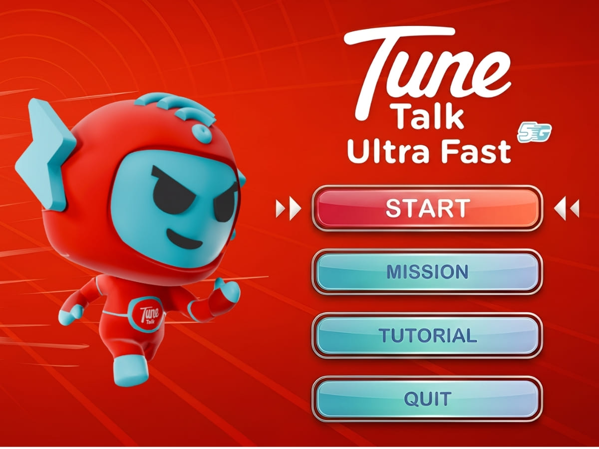 Tune Talk mini-game: Tune Talk themed endless surfer. Player avatar surfing through a colourful stage collecting data packs. Tune Talk branding throughout. Monthly leaderboard showing real data pack prizes.