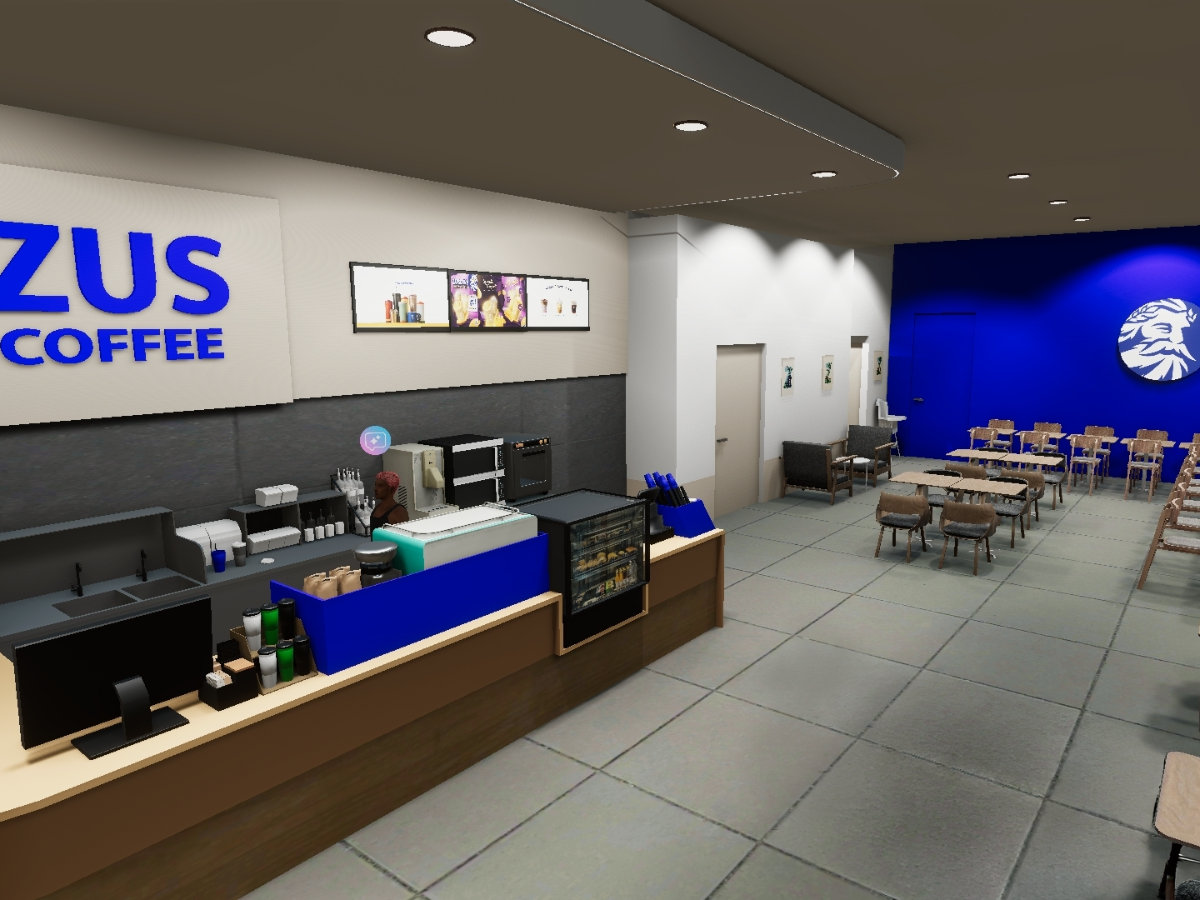 ZUS Coffee branded experience centre inside Yooca: accurate branding, menu boards, seating. Player avatars at the counter. AI brand assistant NPC greeting players.