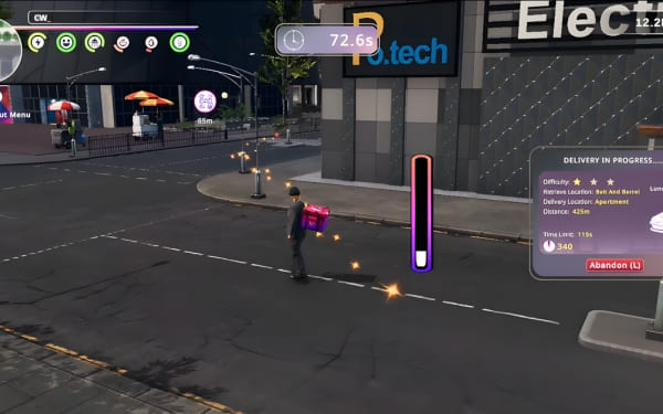 Delivery Dash: player on scooter with package, timer and minimap HUD