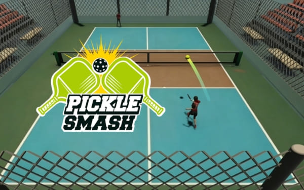 Pickleball: two avatars mid-rally on a bright court, score display
