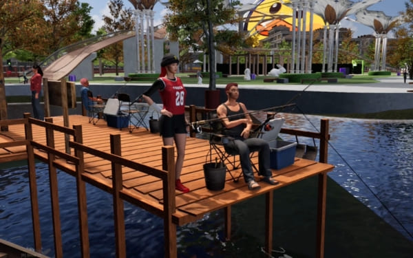 Reel Quest: player casting fishing rod at a shimmering lake, fish species panel