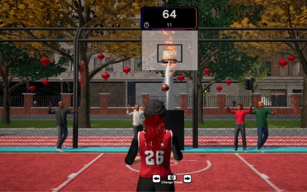 Slam Jam: player avatar dunking at city basketball court, time-attack mode