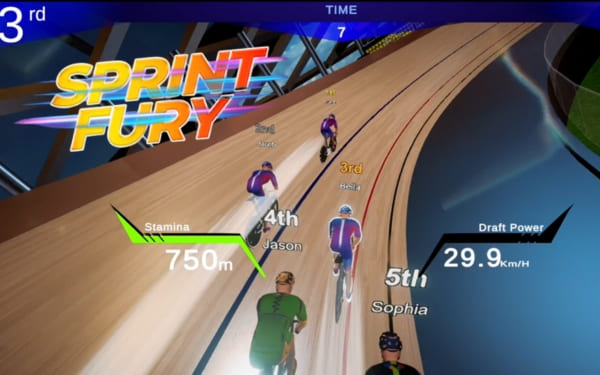 Sprint Fury: 8 cycling avatars racing through city streets, motion blur, leaderboard HUD