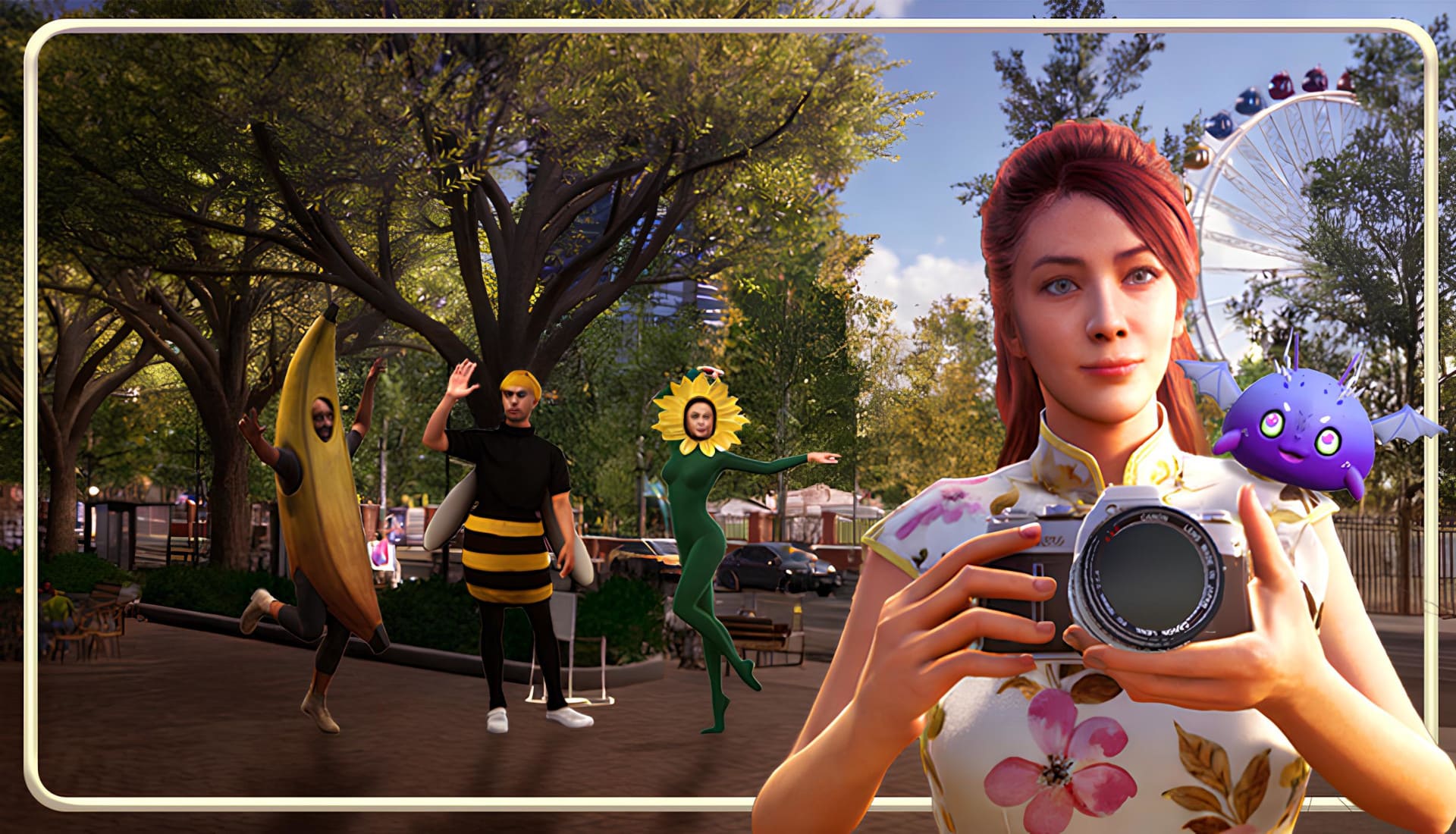 Yooca: Your Life - player character holding a camera with a Yooca Pet on their shoulder, friends in fun costumes behind them, a ferris wheel visible in the city park