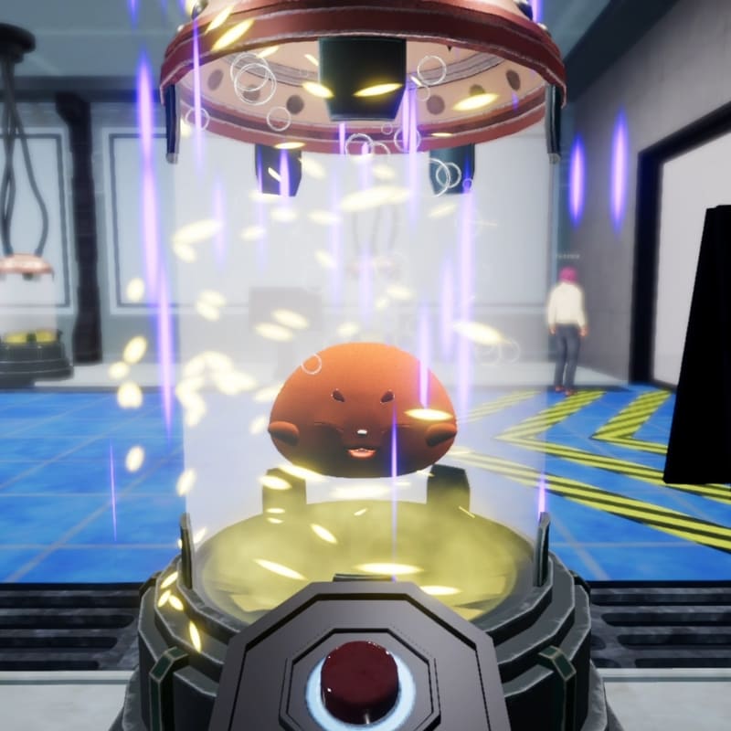 A fully evolved Yooca Pet standing beside its owner inside a decorated apartment. The Evolution Chamber UI shows species, colour, and success chance. The Yooca glows with a unique colour pattern.