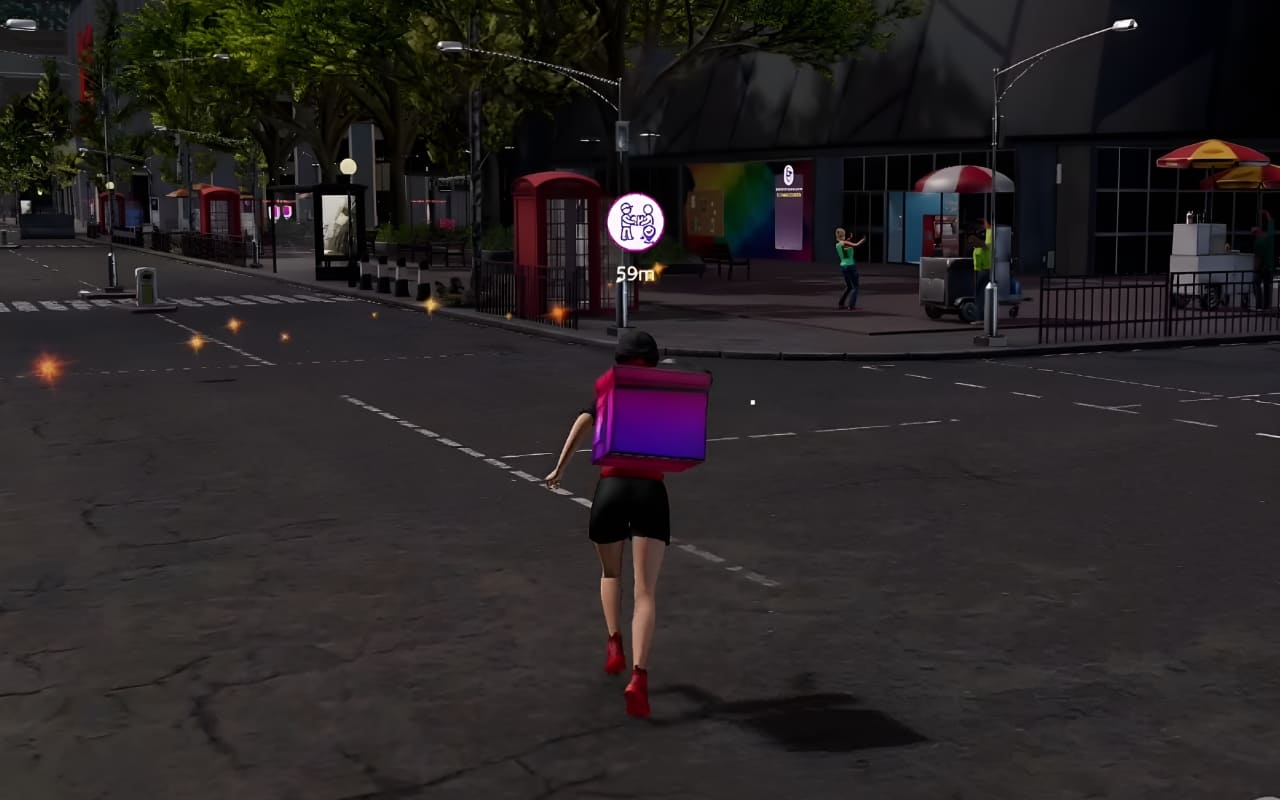 Delivery Dash: player on scooter with a delivery package, timer counting down, Younits earning indicator, city streets.