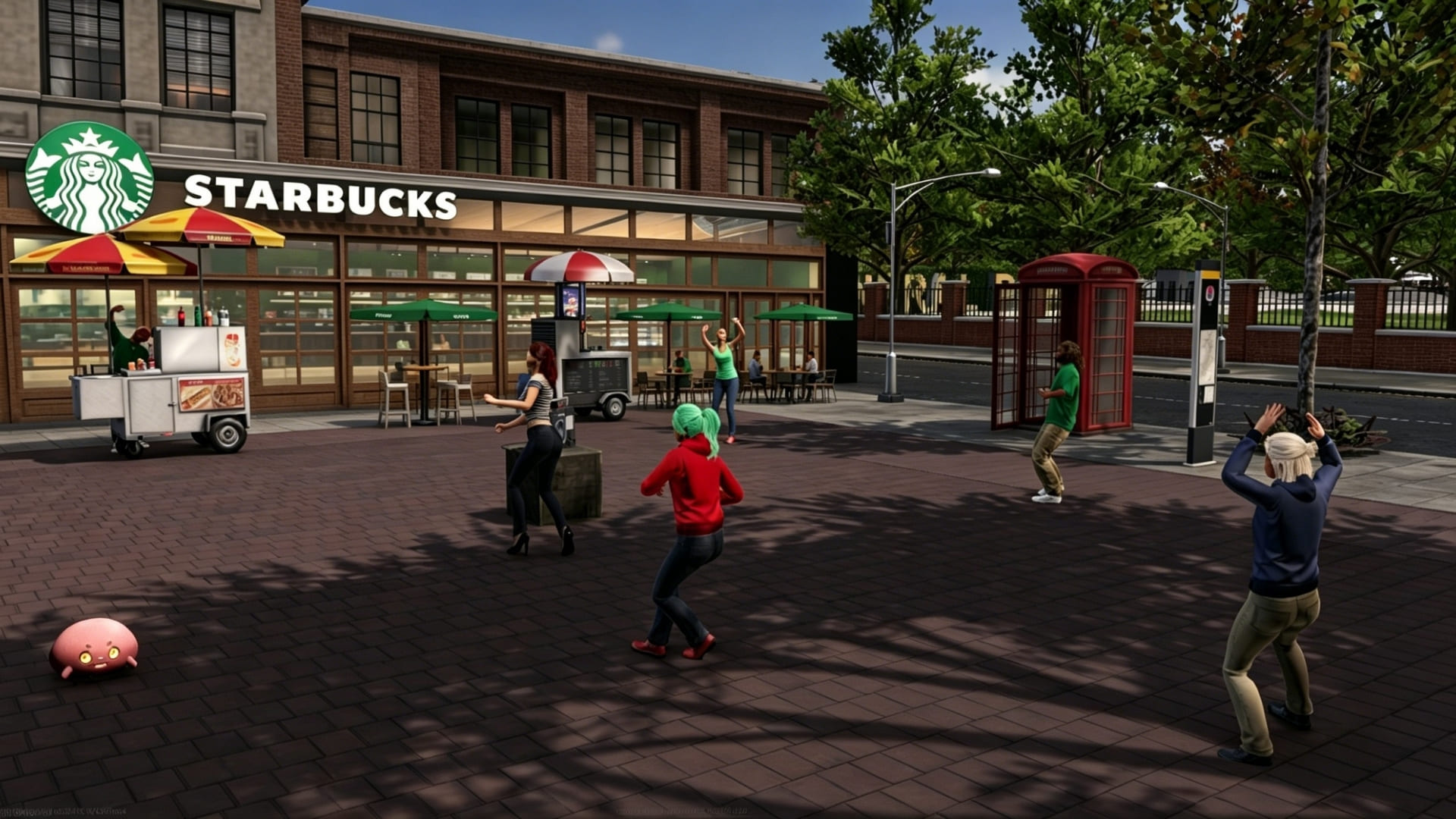 Wide city boulevard view: player avatar walking past real brand storefronts - ZUS Coffee, APOM, Inside Scoop. Traffic, NPCs, park and fun fair ferris wheel visible. Golden afternoon light.