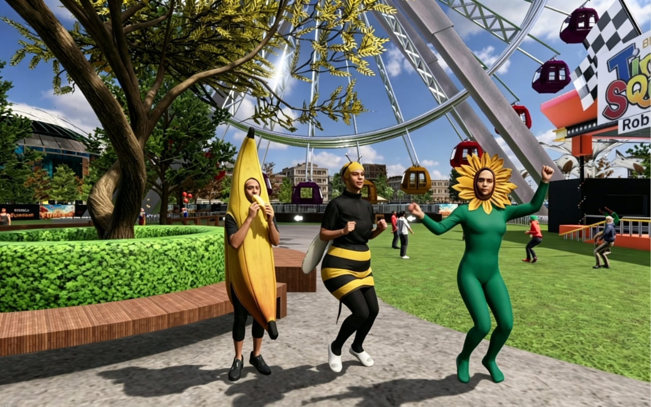 Yooca Fun Fair: players in costumes at the ferris wheel, water balloon fight in background, chat bubbles, festive lighting.