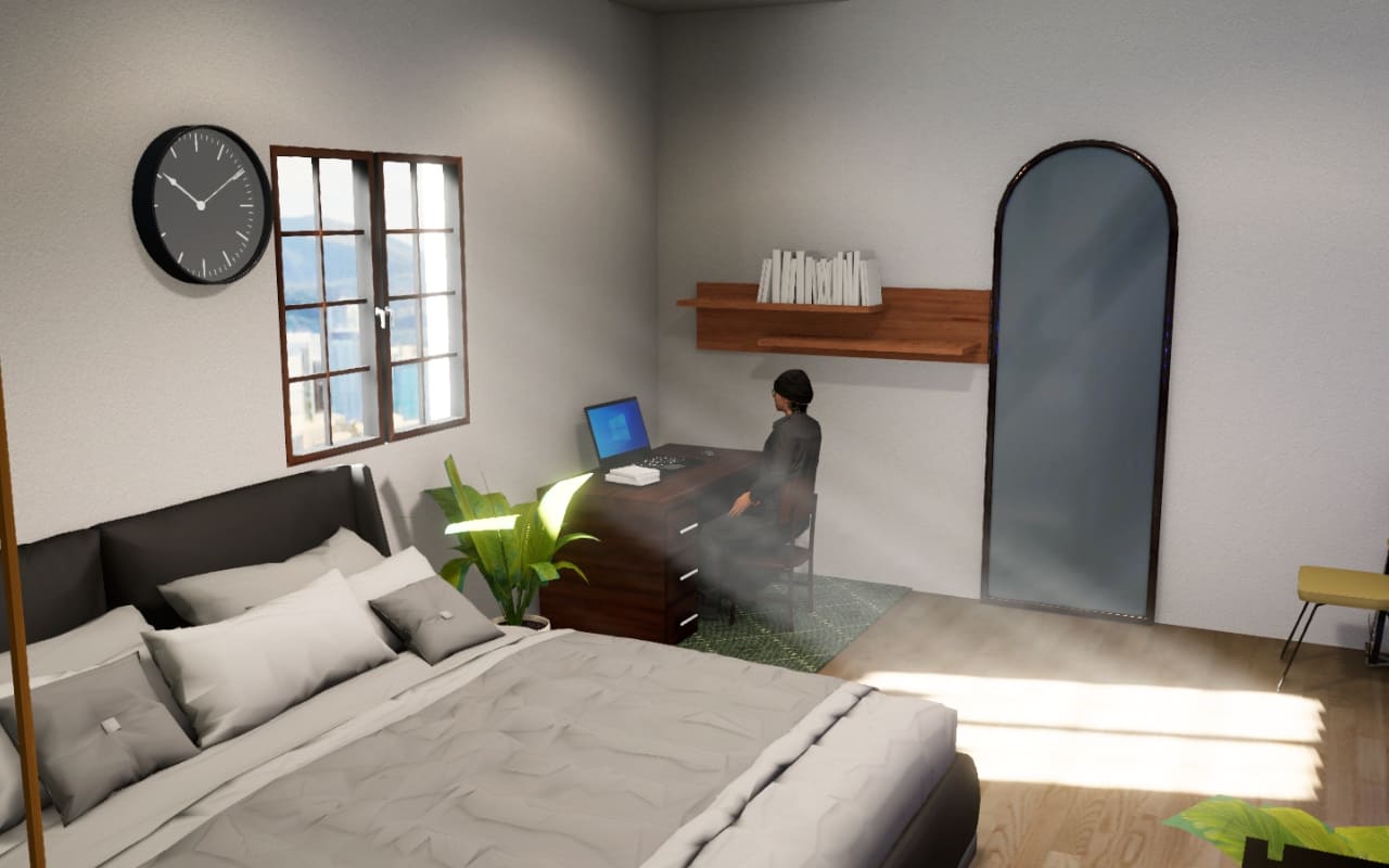 One-bedroom apartment: custom furniture, warm lighting, Yooca Pet sleeping on its bed, city view through windows.